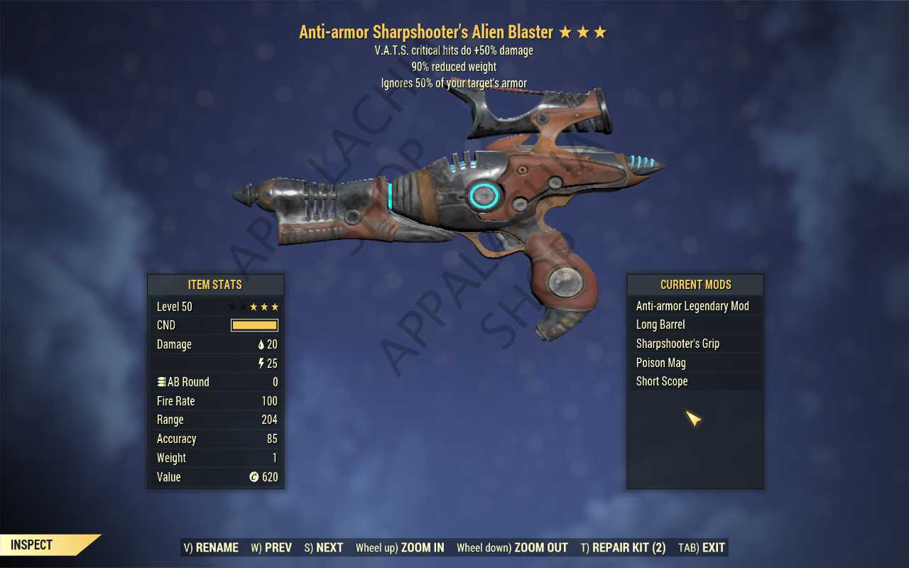 Anti-Armor Alien Blaster (+50% critical damage, 90% reduced weight)