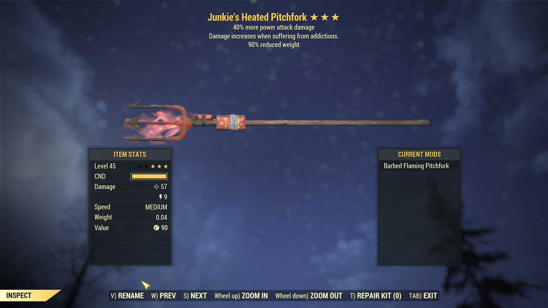 Junkie's Pitchfork (+40% damage PA, 90% reduced weight)