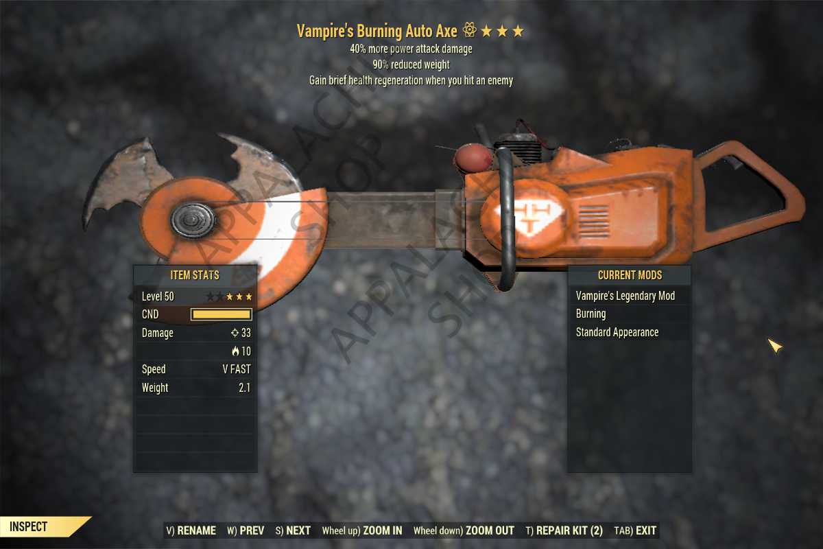 Vampire's Auto Axe (+40% damage PA, 90% reduced weight)