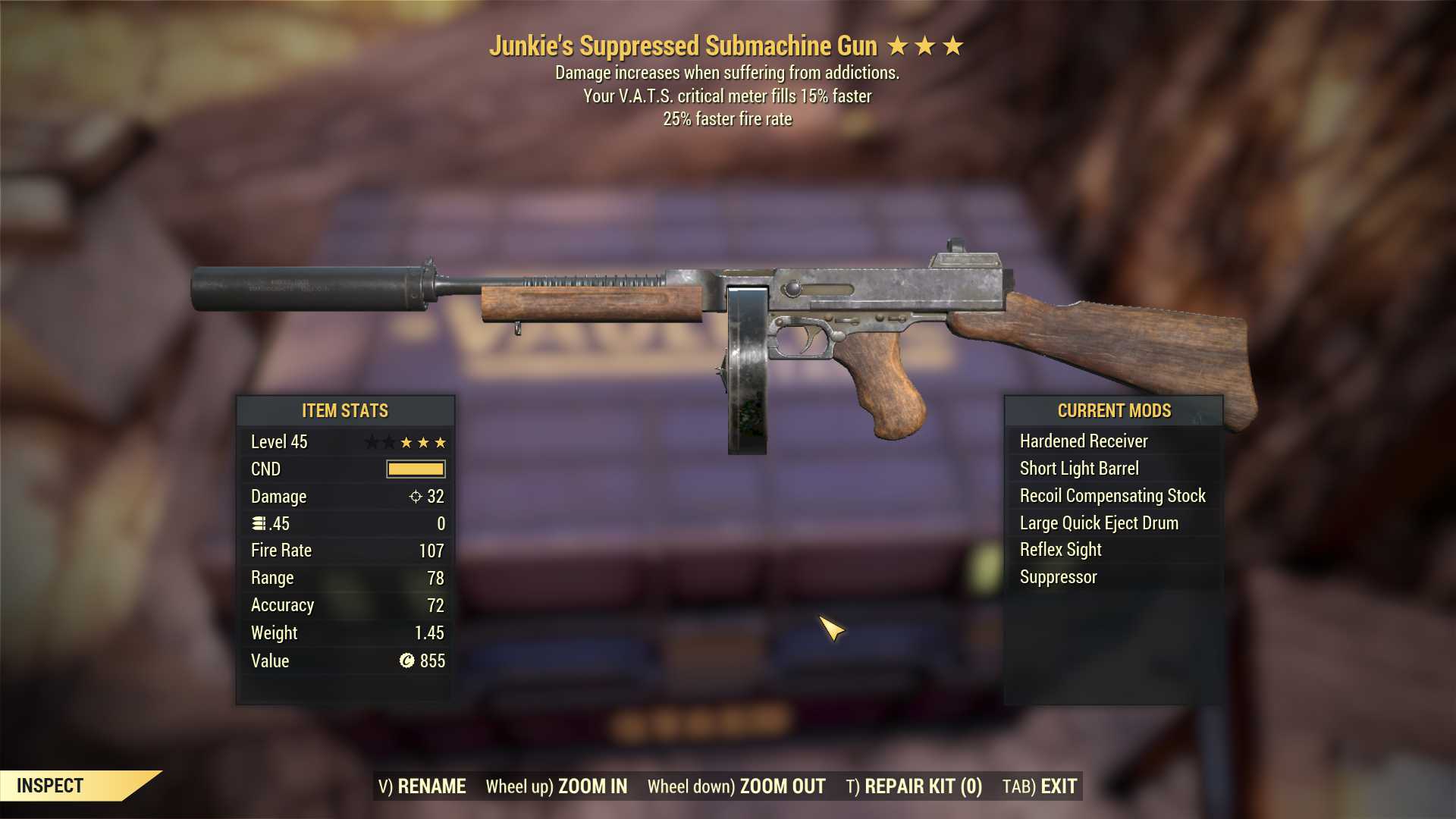 Junkie's Submachine Gun (25% faster fire rate, VATS crit fills 15% faster)