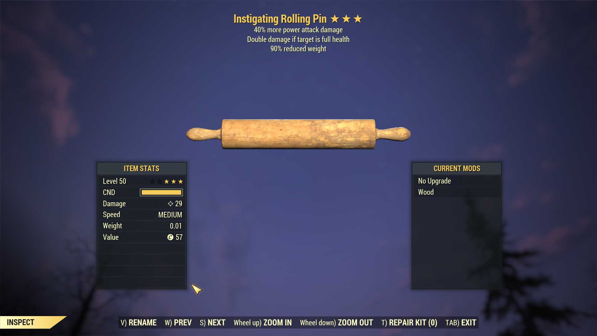 Instigating Rolling Pin (+40% damage PA, 90% reduced weight)