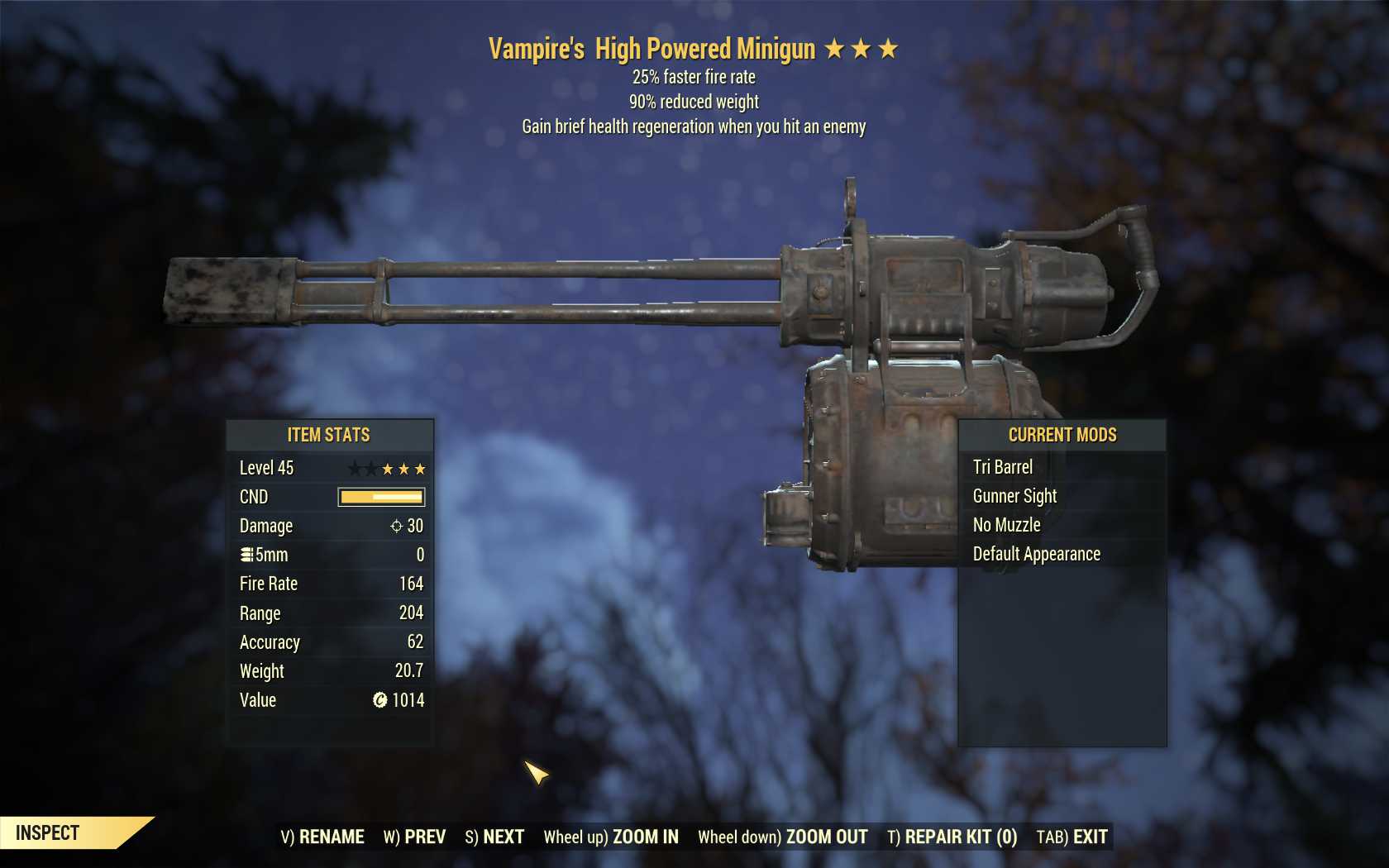 Vampire's Minigun (25% faster fire rate, 90% reduced weight)