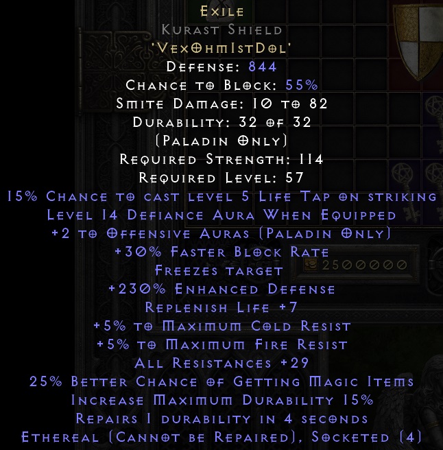 ★★ETH Exile RW (Sup ETH Kurast Shield 29%res) 844def/lvl 14 Aura - D2R Softcore - INSTANT DELIVERY★★