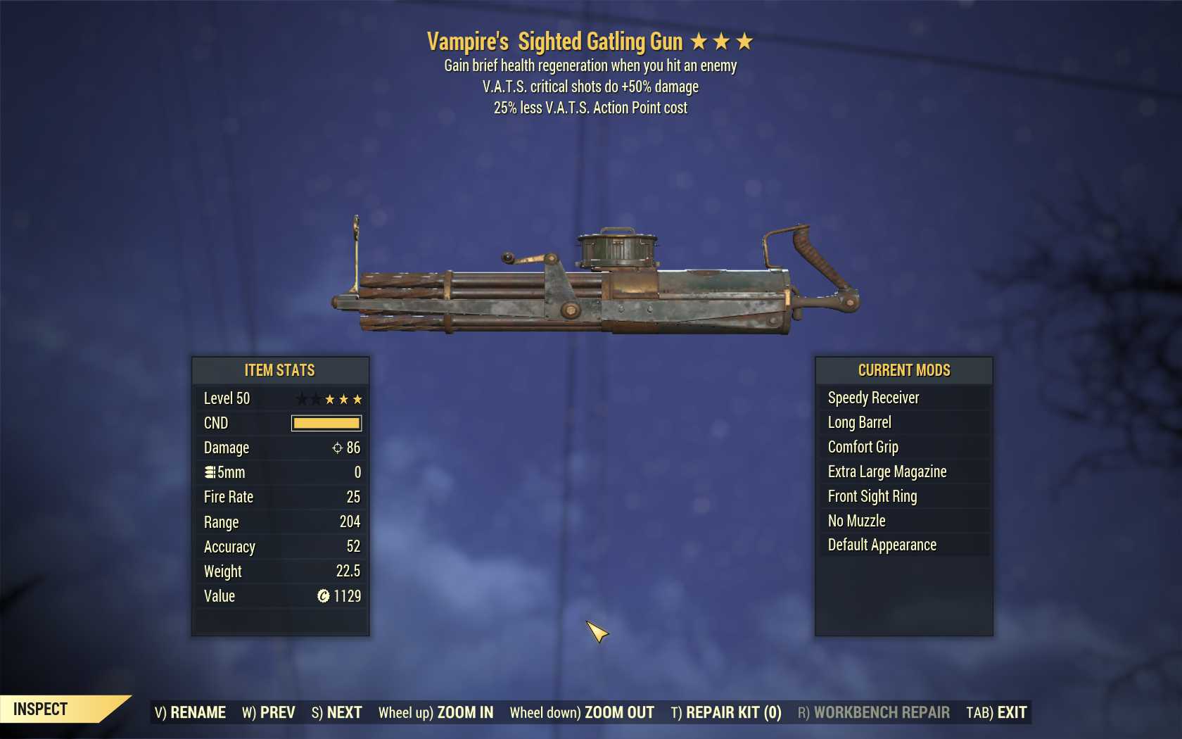 Vampire's Gatling Gun (+50% critical damage, 25% less VATS AP cost)