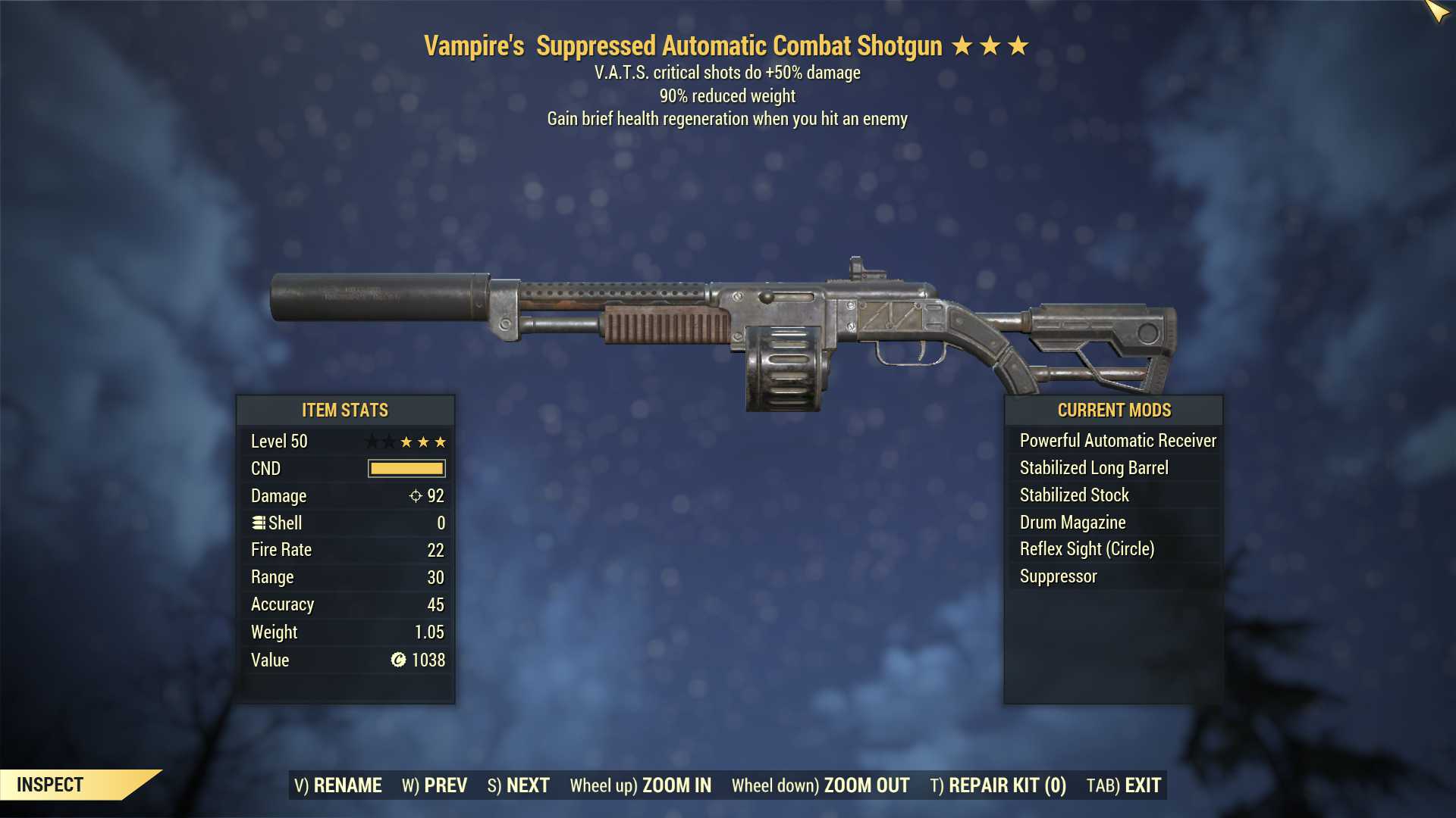 Vampire's Combat Shotgun (+50% critical damage, 90% reduced weight)