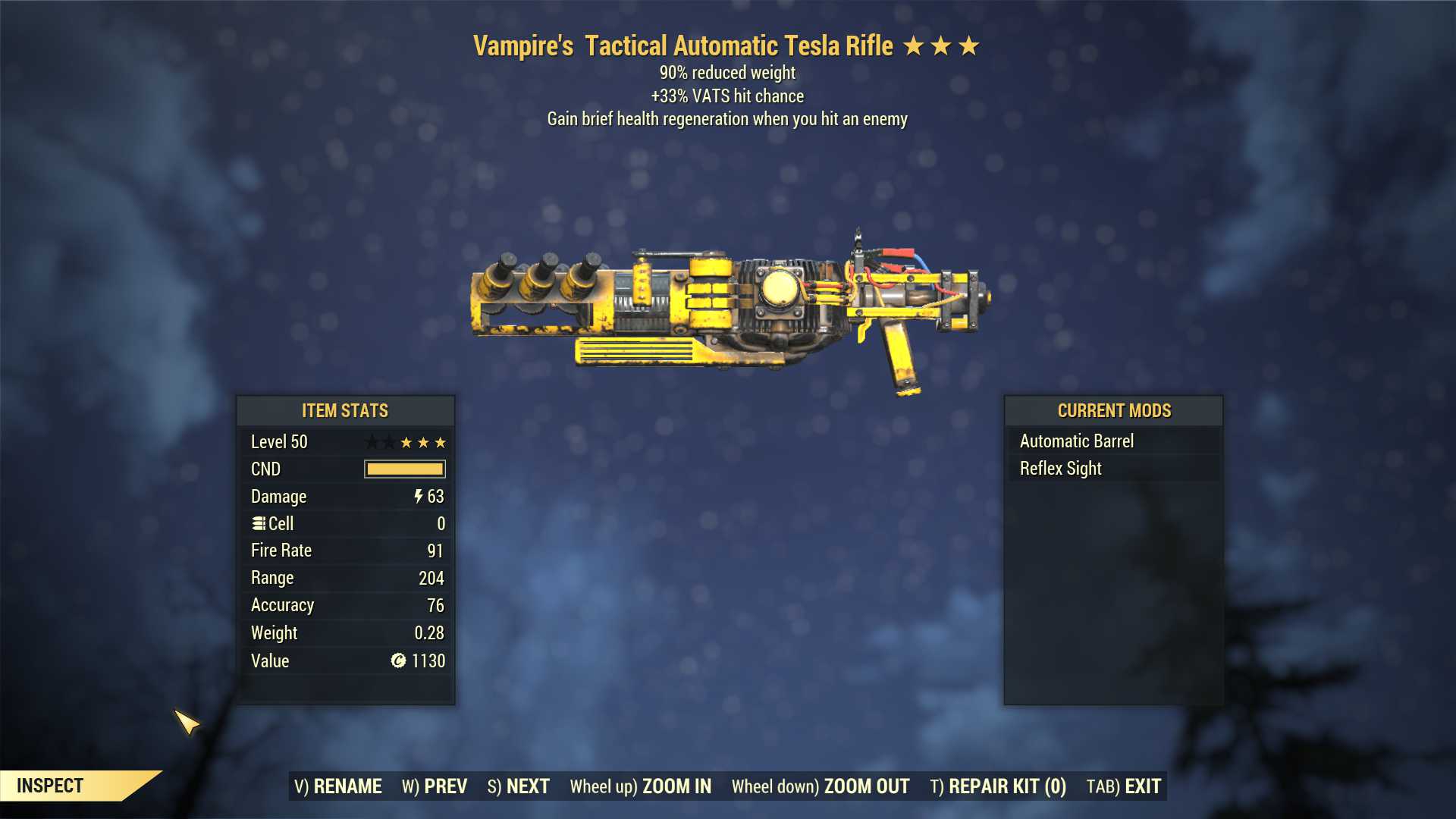 Vampire's Tesla rifle (+50% VATS hit chance, 90% reduced weight)