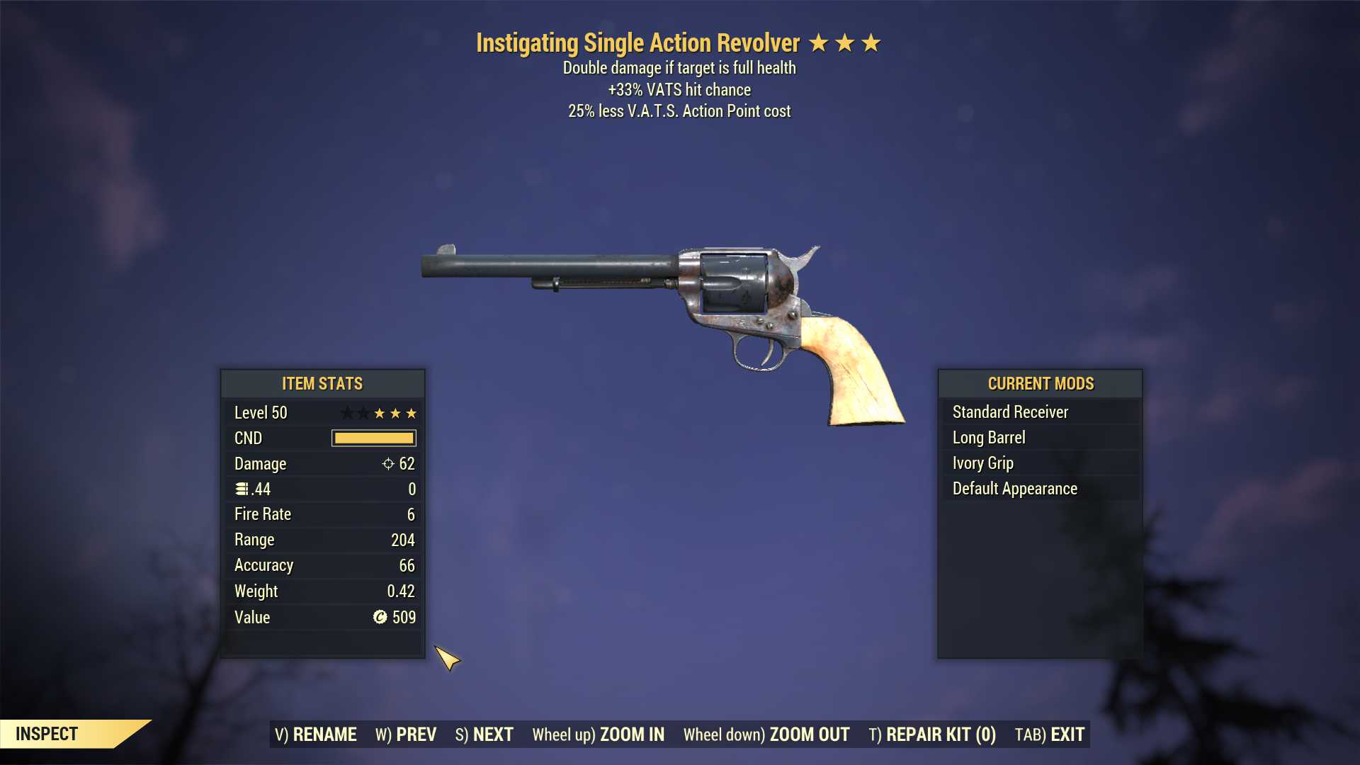 Instigating Single Action Revolver (+50% VATS hit chance, 25% less VATS AP cost)