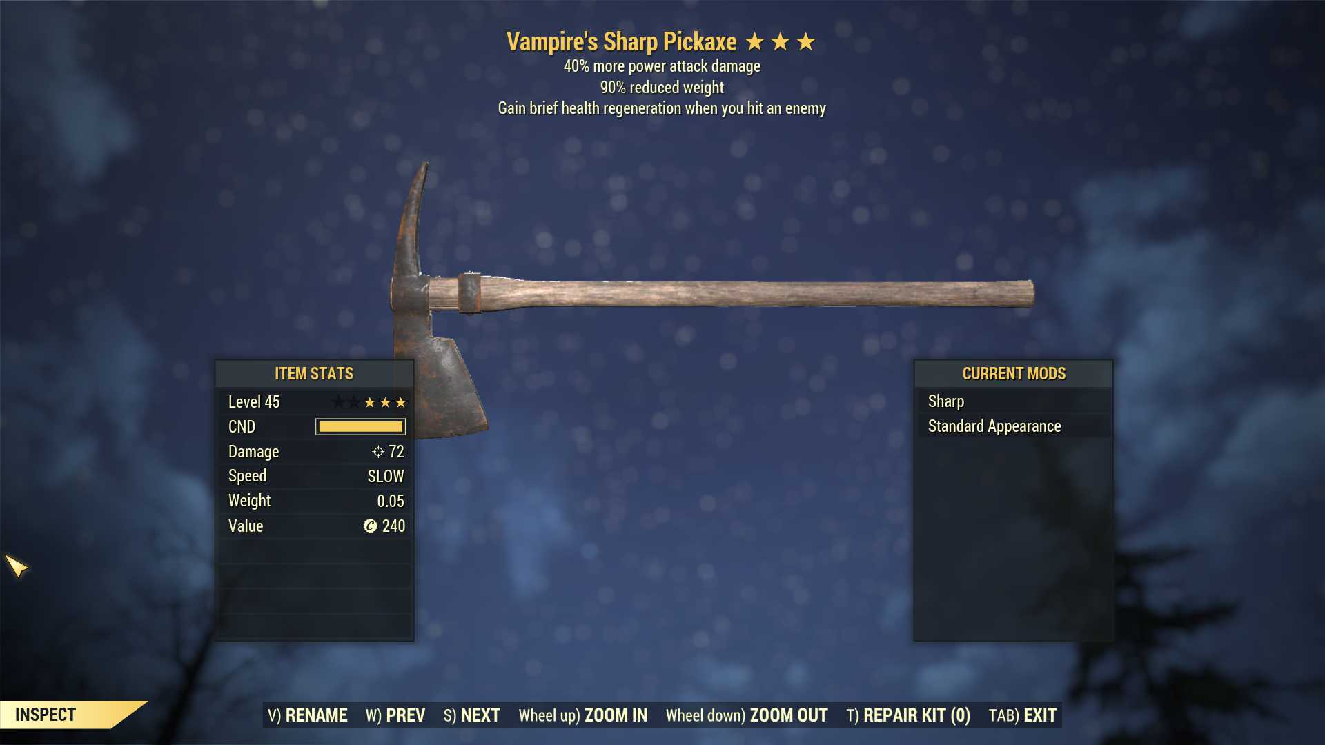 Vampire's Pickaxe (+40% damage PA, 90% reduced weight)