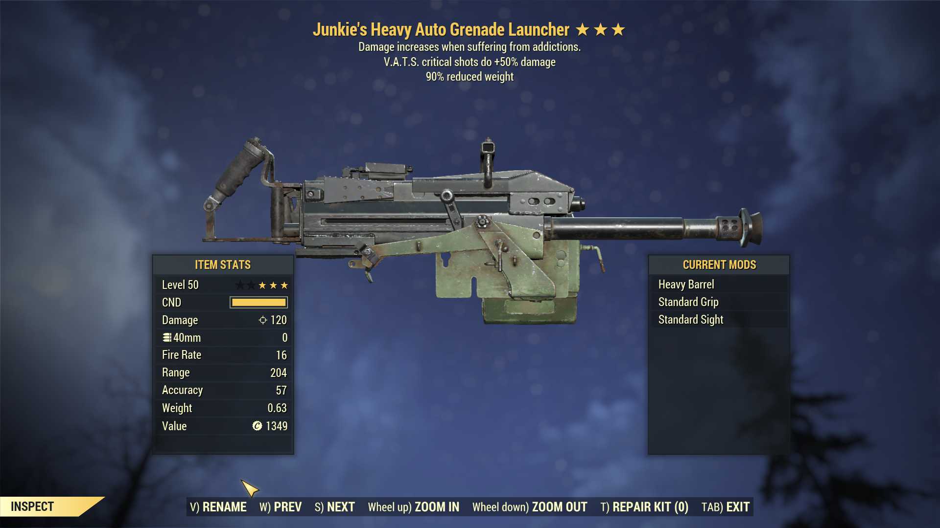 Junkie's Auto Grenade Launcher (+50% critical damage, 90% reduced weight)