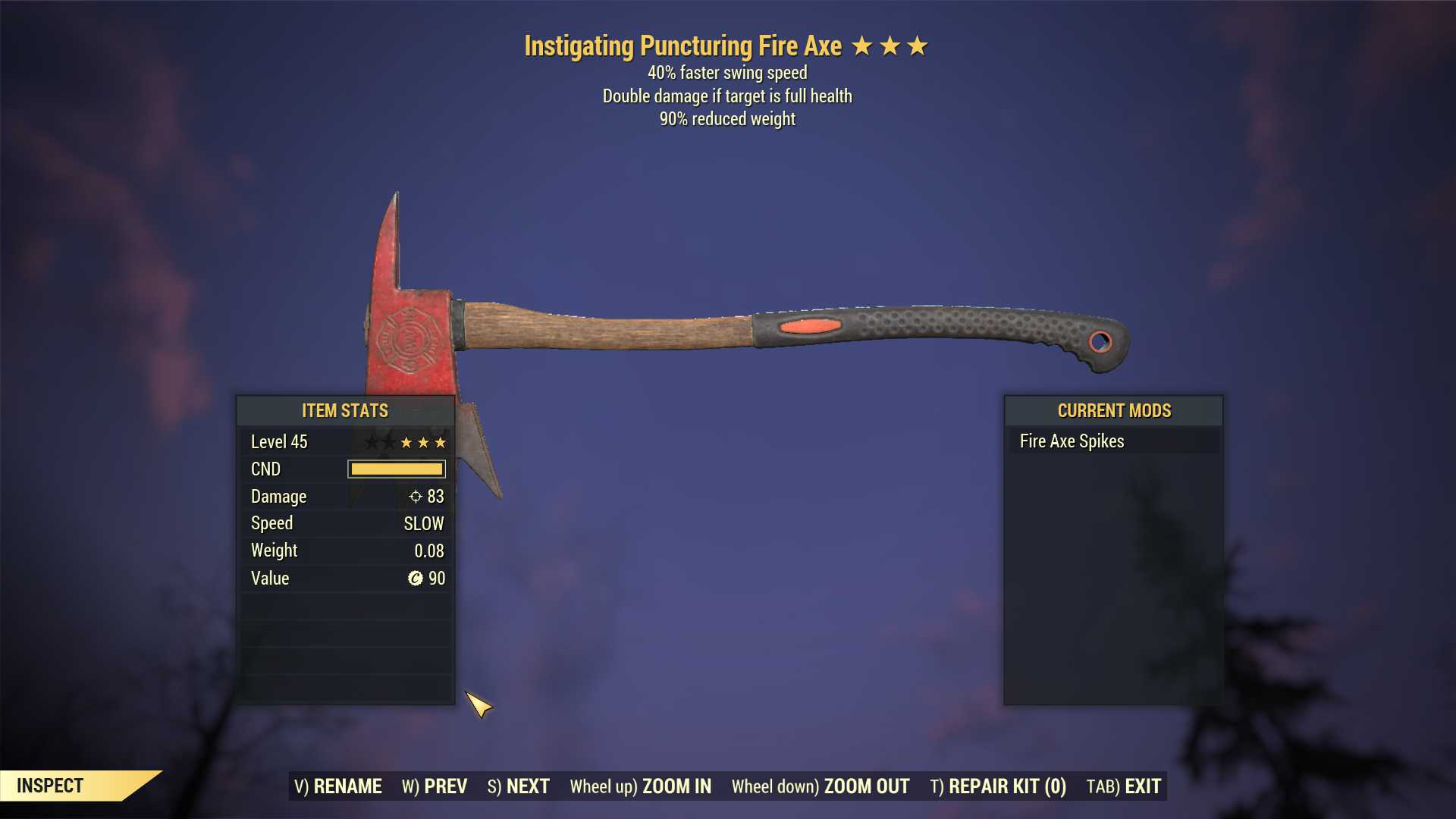 Instigating Fire Axe (40% Faster Swing Speed, 90% reduced weight)