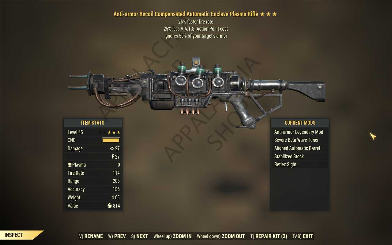Anti-Armor Enclave Plasma rifle (25% faster fire rate, 25% less VATS AP cost)