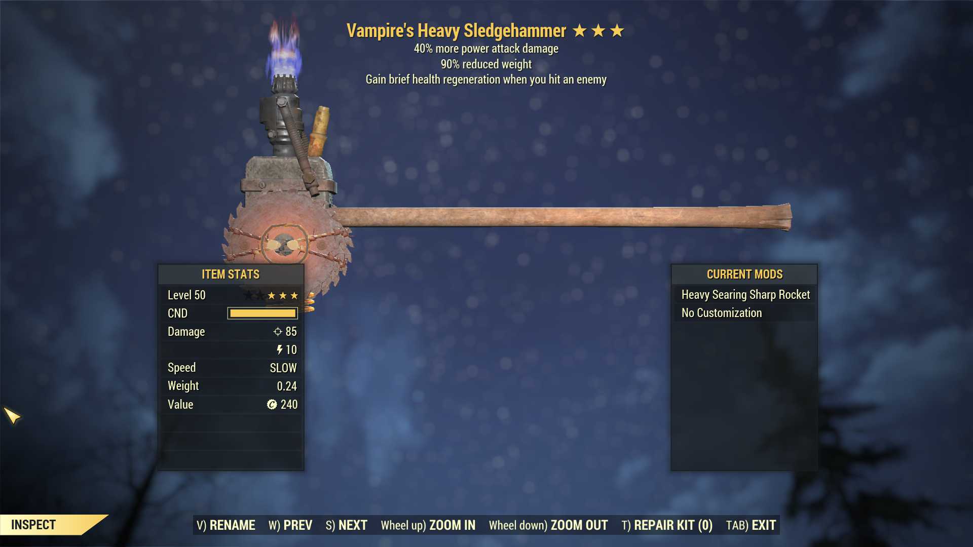 Vampire's Sledgehammer (+40% damage PA, 90% reduced weight)
