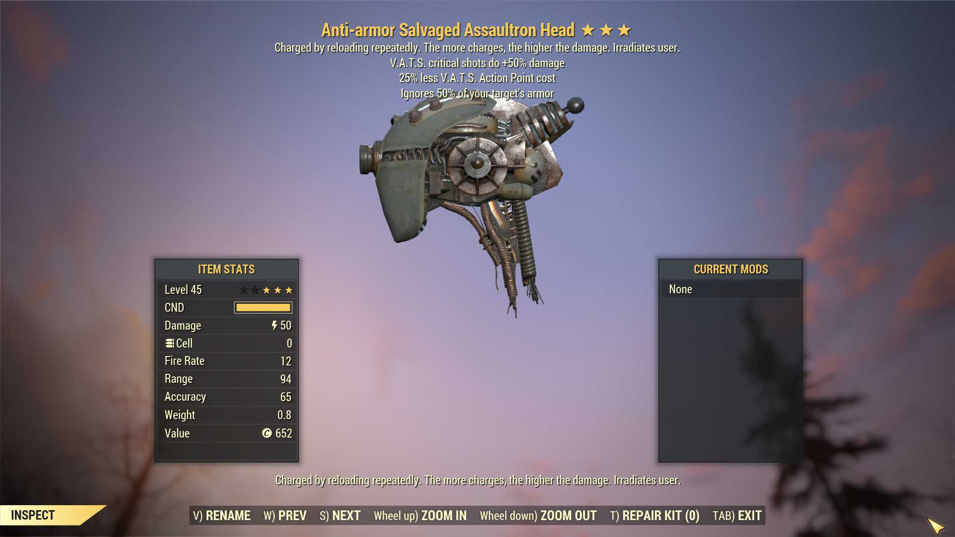 Anti-Armor Assaultron Head (+50% critical damage, 25% less VATS AP cost)
