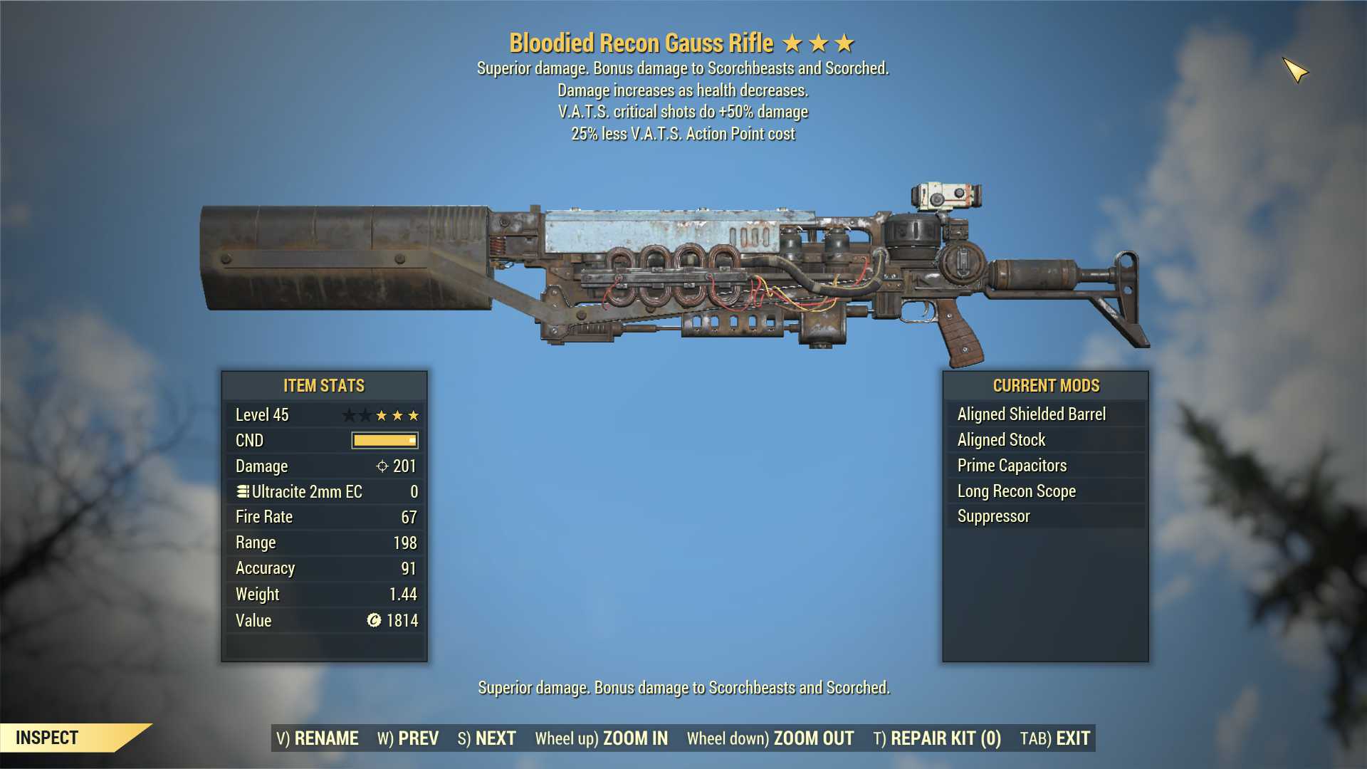 Bloodied Gauss Rifle (+50% critical damage, 25% less VATS AP cost)