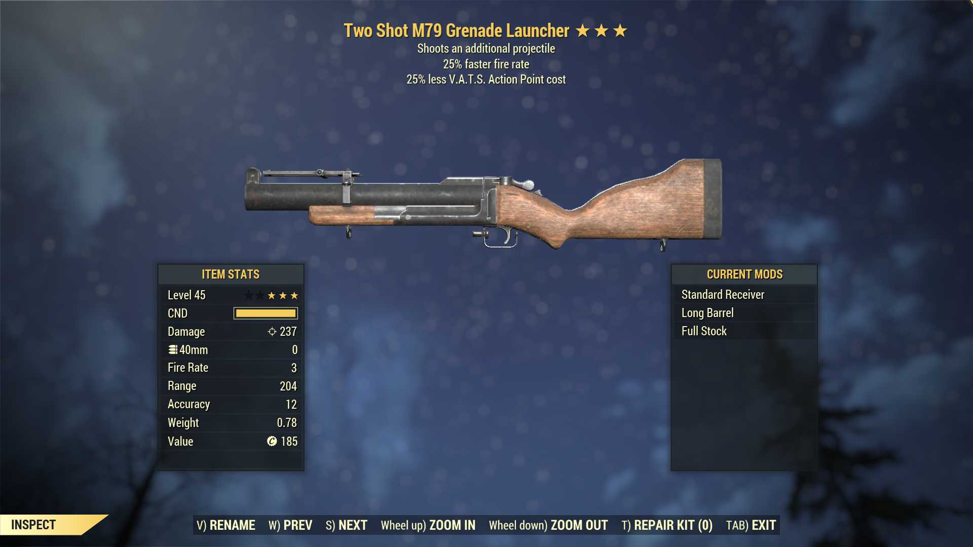 Two Shot M79 Grenade Launcher (25% faster fire rate, 25% less VATS AP cost)