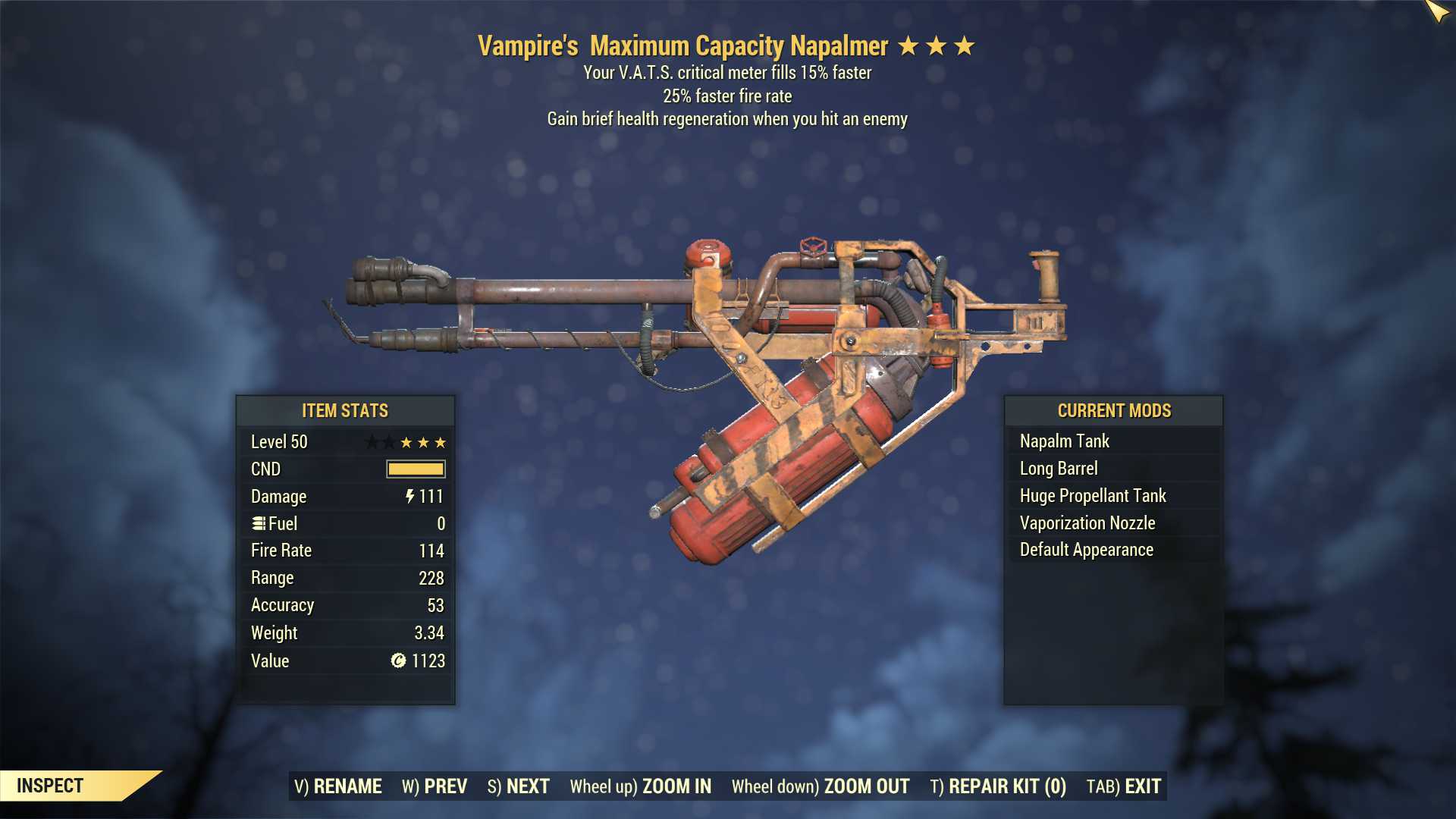 Vampire's Flamer (25% faster fire rate, VATS crit fills 15% faster)