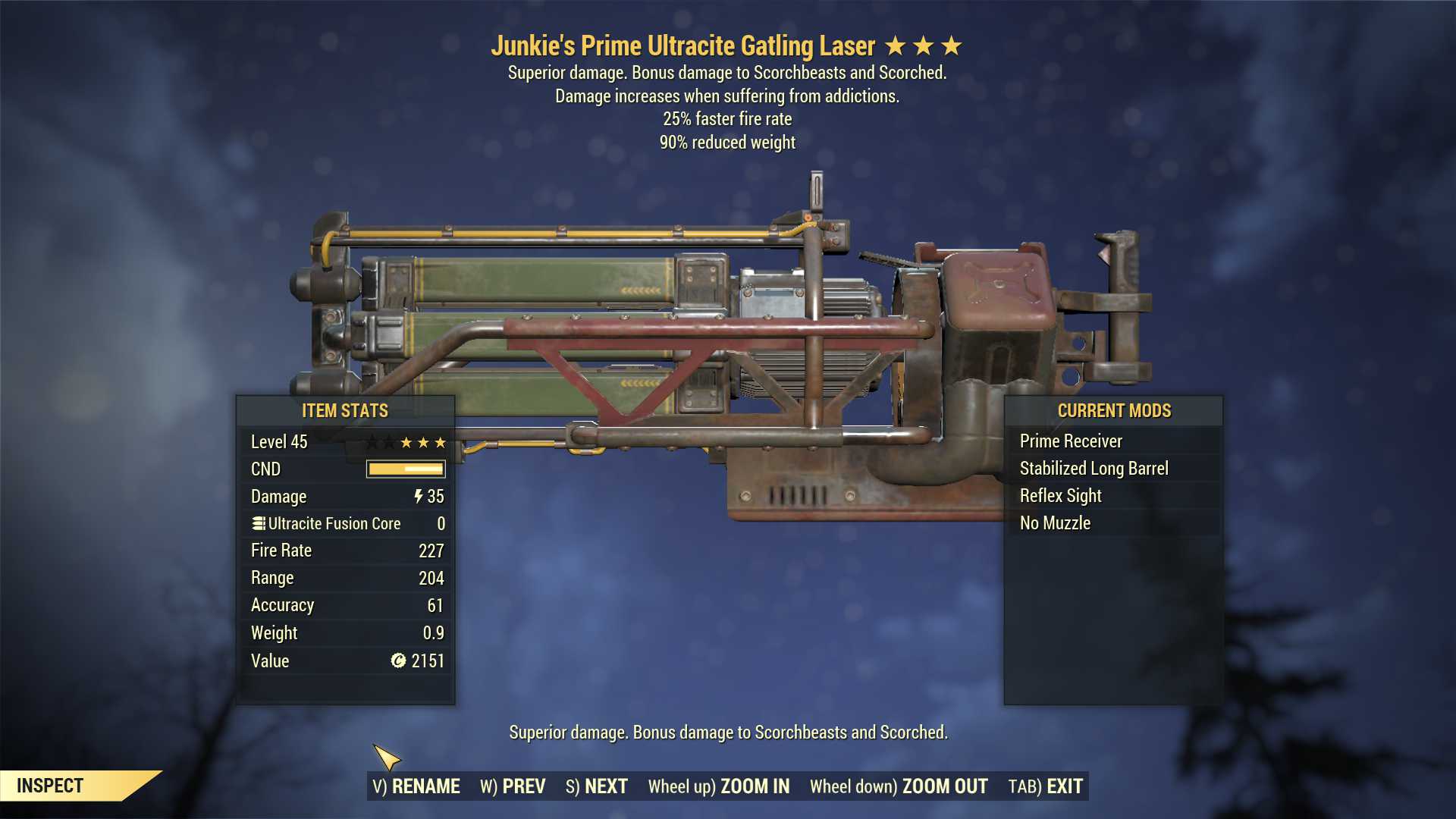 Junkie's Ultracite Gatling Laser (25% faster fire rate, 90% reduced weight)