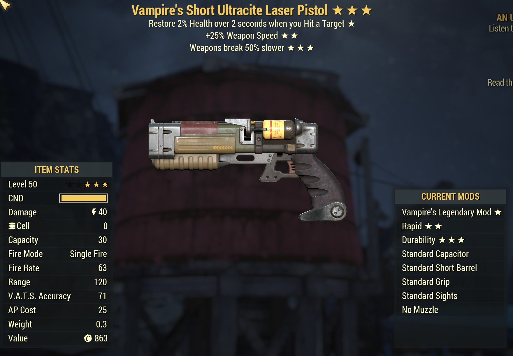 Buy Ultracite Laser Pistol V/25/We in FALLOUT 76 Items - Offer #2417840396