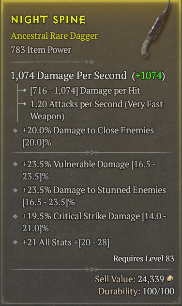 Buy (Lvl83)783-Dagger- [VD**]{DSE* in DIABLO 4 Items - Offer #2319572042