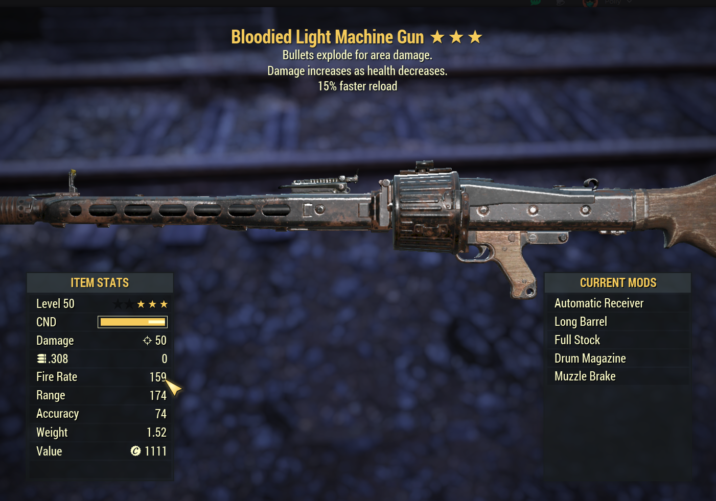 Buy Bloodied Explosive Light Machi in FALLOUT 76 Items - Offer #25113901