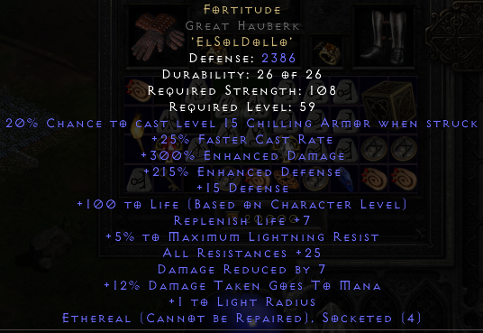 PERFECT DEFENSE ROLLED ETHEREAL FORTITUDE RUNEWORD BEST ARMOR FOR MERC ...