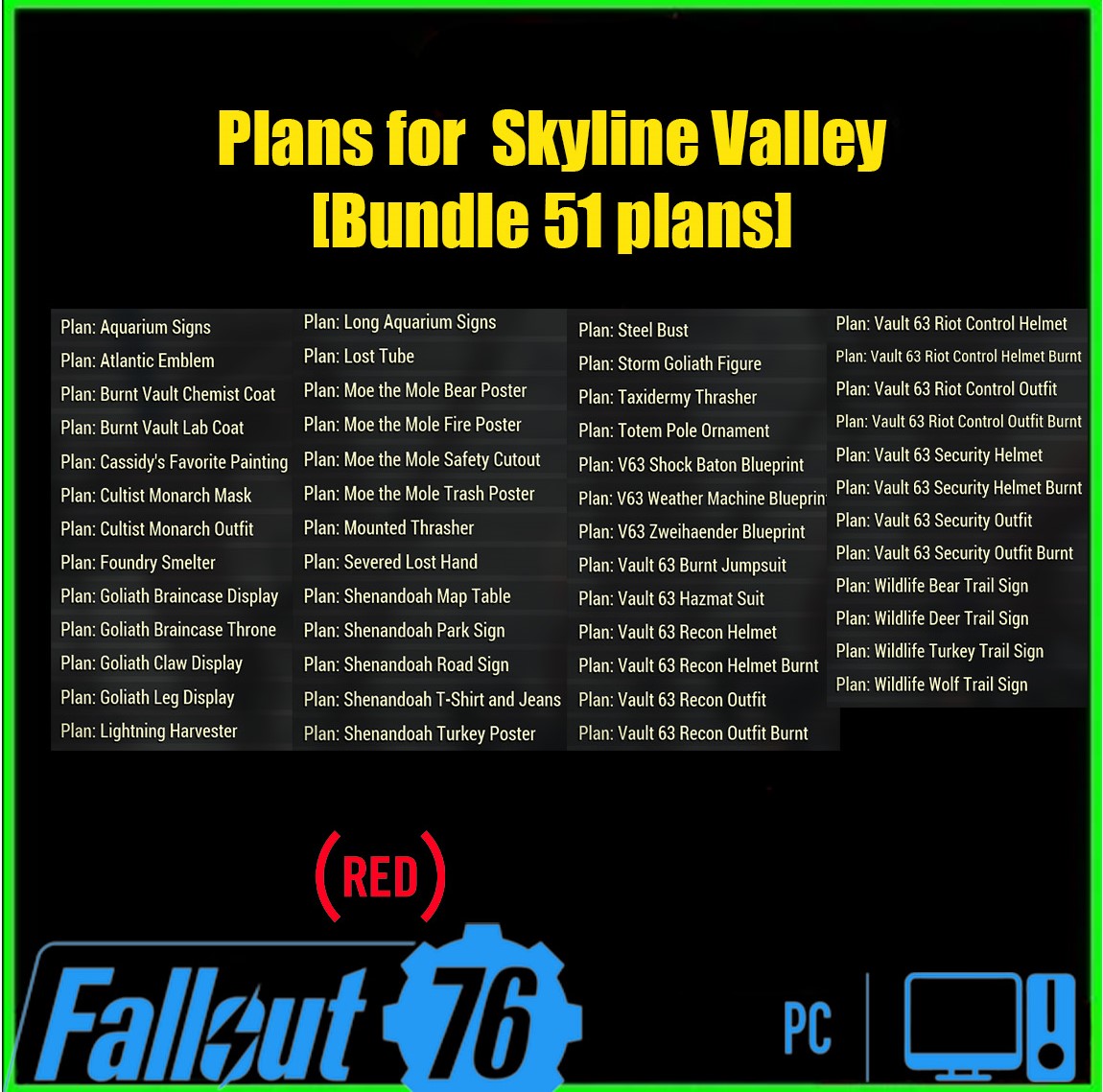 Buy 51 plans for skyline valley up in fallout 76 items offer 2425791595