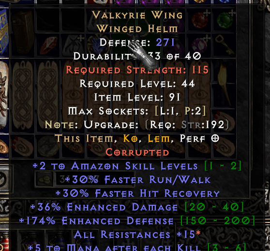 Buy VALKYRIE WING HELM 36ED (15 AL in PROJECT DIABLO 2 Items Offer