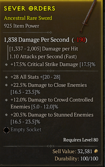 Buy BIS Rogue Sword 925 Item Power in DIABLO 4 Items - Offer #2331673931