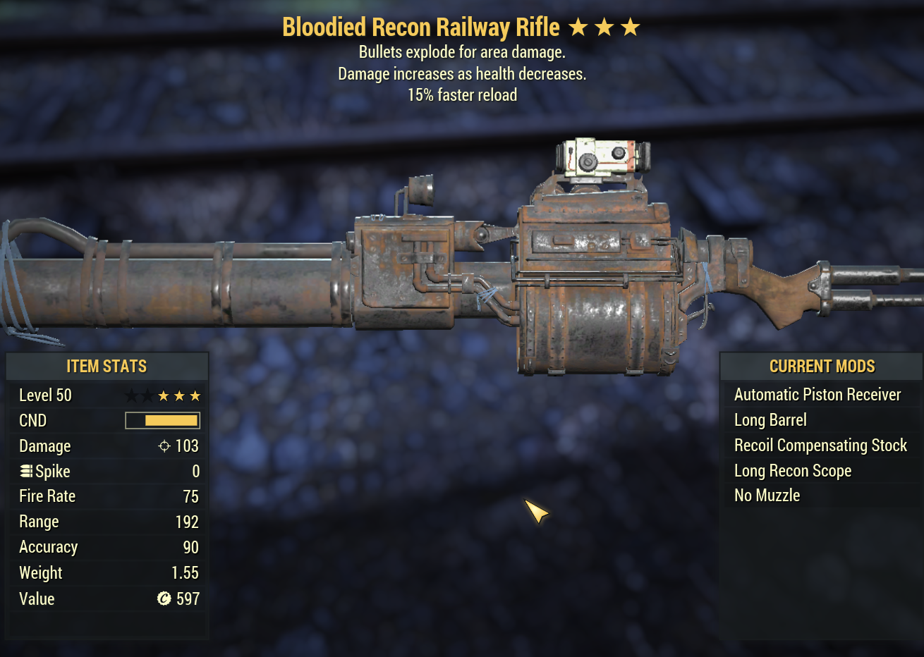 Buy Bloodied Explosive Railway Rif in FALLOUT 76 Items - Offer #2427539372