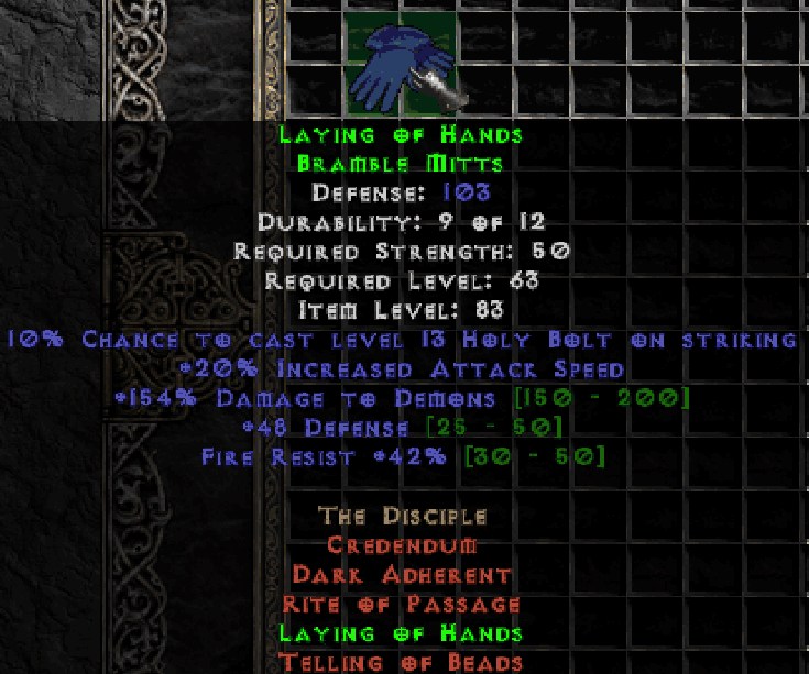 Buy Laying of Hands Gloves PD2 S in PROJECT DIABLO 2 Items Offer 2410851858