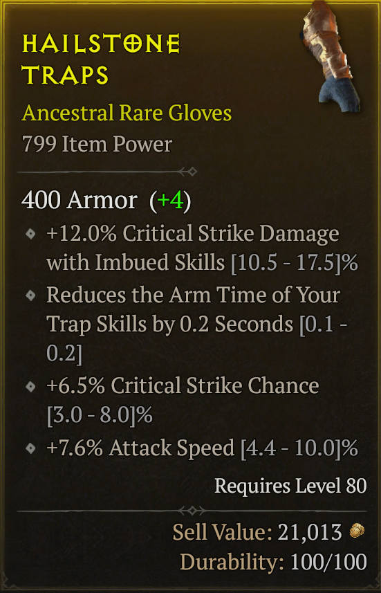 Buy Hailstone Traps Gloves ( crit in DIABLO 4 Items - Offer #2321595520